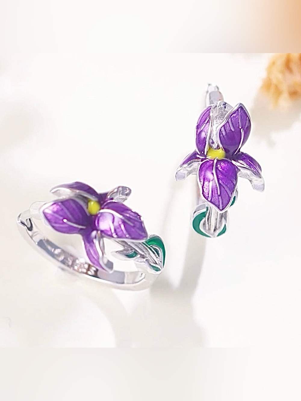 ❤️ Purple Green Iris Flower Enamel Drop Earrings Set 925 Silver Floral Jewelry
